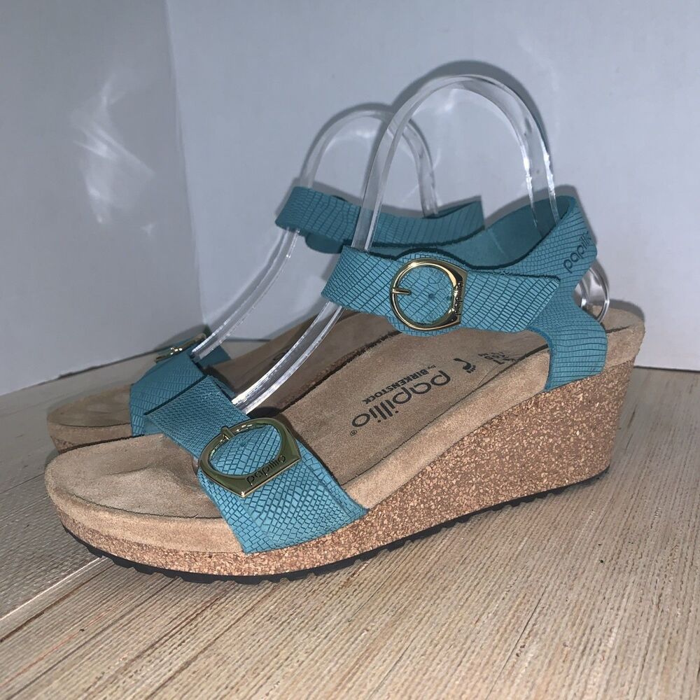 Papillio by Birkenstock Teal Soley Embossed Wedge Sandals Beach Resort US Sz 10